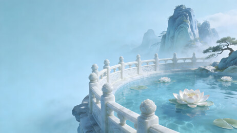 白莲浮池畔，玉栏绕云山