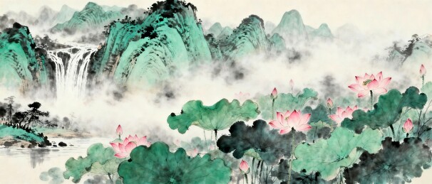 青绿山水双拼新中式背景