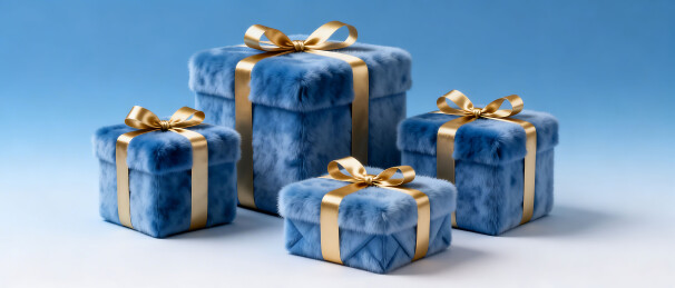 蓝色毛绒礼盒配金色丝带