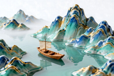 山水画风小船与假山