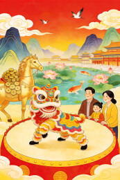 中国传统节日舞狮与财富骏马插画