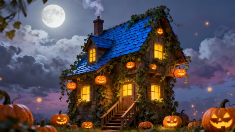 万圣节南瓜灯小屋夜景