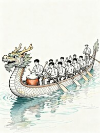龙舟竞渡众人划桨鼓手击鼓
