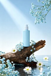 蓝色瓶装护肤品置于花木之上