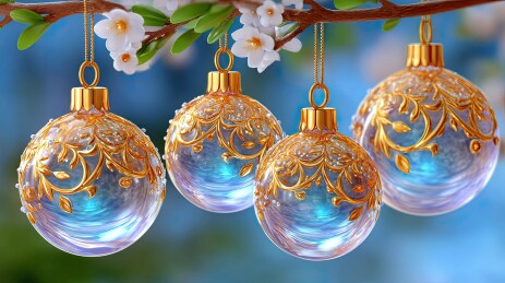 金色挂球与白色花朵装饰