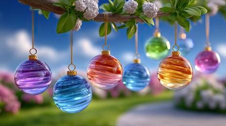 彩色玻璃球悬挂绿植间