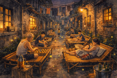 老弄堂竹床纳凉夜景
