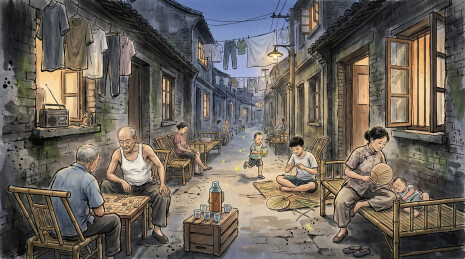 旧巷竹床上的夏夜生活