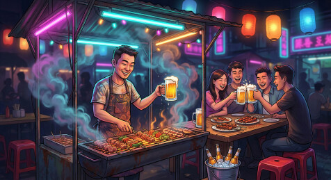 路边烤串摊举杯畅饮