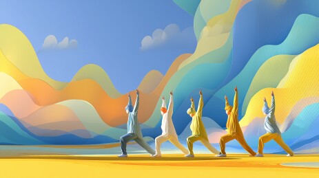 卡通人物集体健身运动场景插画