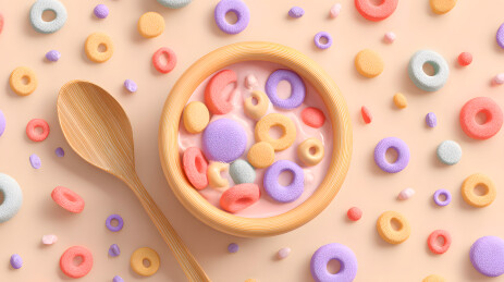 彩色谷物圈与木勺的早餐场景