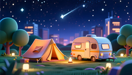 城市郊外星空下帐篷与房车温馨露营夜