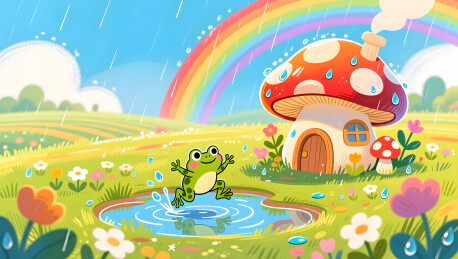 春雨过后彩虹田野间的小青蛙与蘑菇