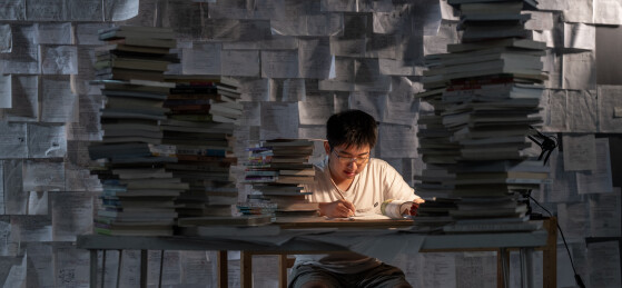 疲惫的学生在浩瀚的书海中写作业