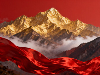 云雾缭绕金色山峰与飘扬的红绸