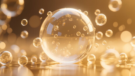 金色光芒中的玻璃球与气泡