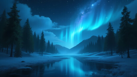 雪夜森林极光倒影
