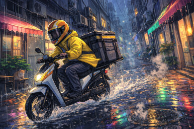 外卖骑手雨中疾驰