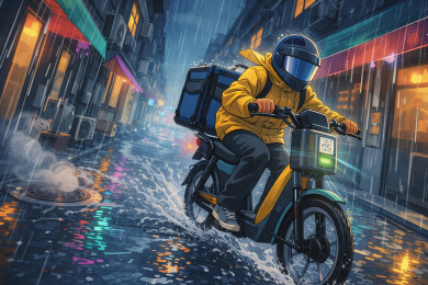 外卖骑手雨中疾驰