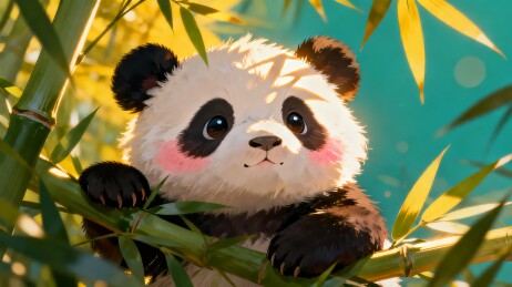 熊猫幼崽竹林间萌态可掬