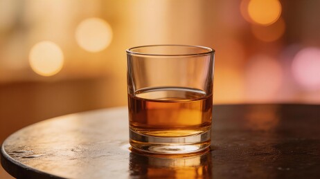 一杯琥珀色酒液置于木质桌面
