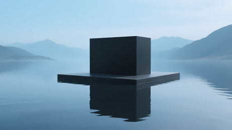 黑色立方体倒影山水