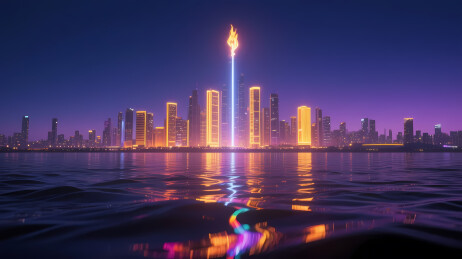 橙光塔楼映夜空