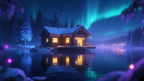 雪夜极光小木屋