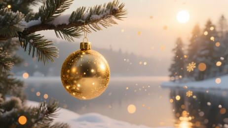 金色圣诞球挂雪松