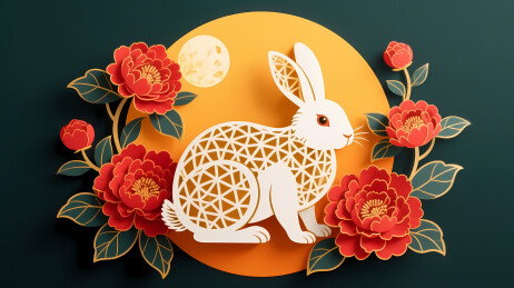 白兔橙圆花叶环绕