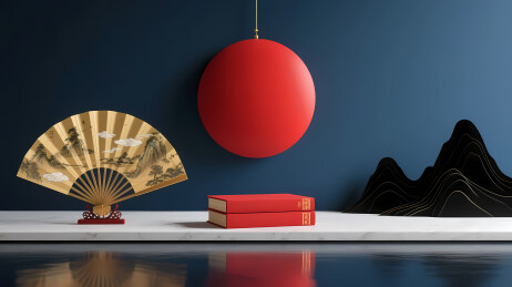 红球金扇红盒蓝墙