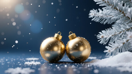 金色圣诞球与雪松枝