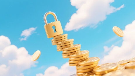 金币堆上金锁象征财富安全