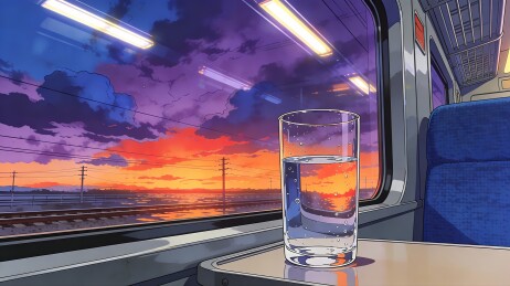火车窗外日落美景与杯中水