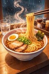 雨天窗边热腾腾拉面