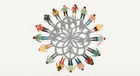 一群人围绕花形结构聚集