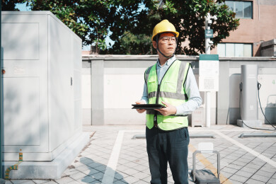 戴安全帽男子手持平板检查充电设备