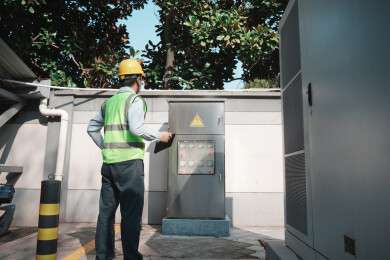 电工佩戴安全帽检查户外配电柜