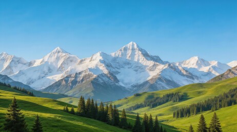 雪山绿谷晨光美景