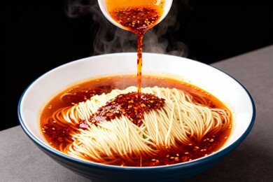 热辣面条浇汁特写