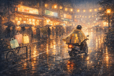 雨夜街头骑手送包裹