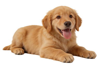 金毛幼犬趴在地上吐舌微笑