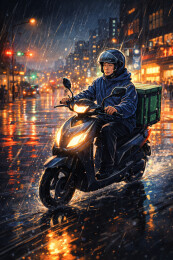 雨夜奔波的外卖骑手