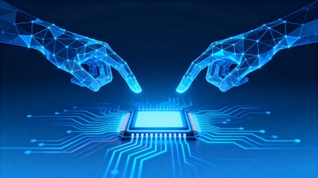 科技感双手触碰芯片电路