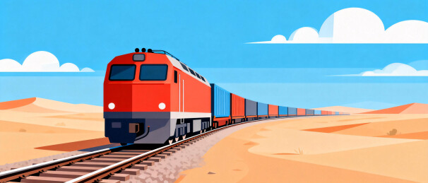 扁平插画沙漠中行驶的中欧班列