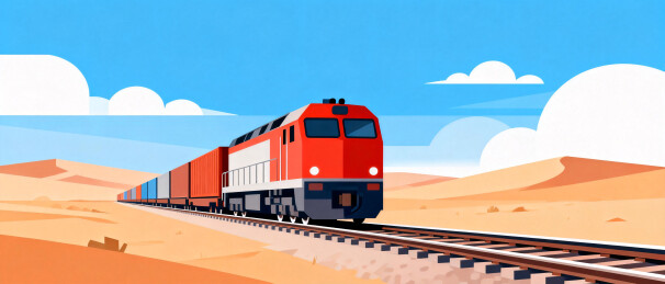 扁平插画沙漠中行驶的中欧班列