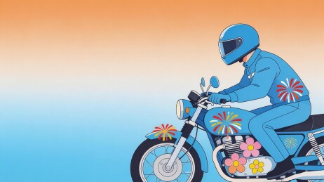 蓝色摩托上的烟花装饰骑手