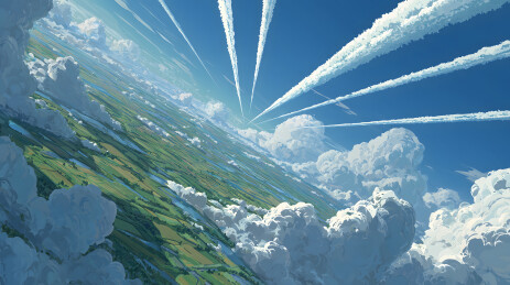 蓝色天空中延伸出白色航线轨迹