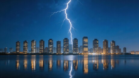 闪电划过夜幕下的城市天际线