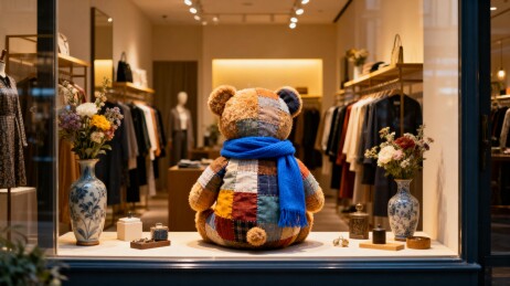 服装店橱窗内毛绒玩具熊